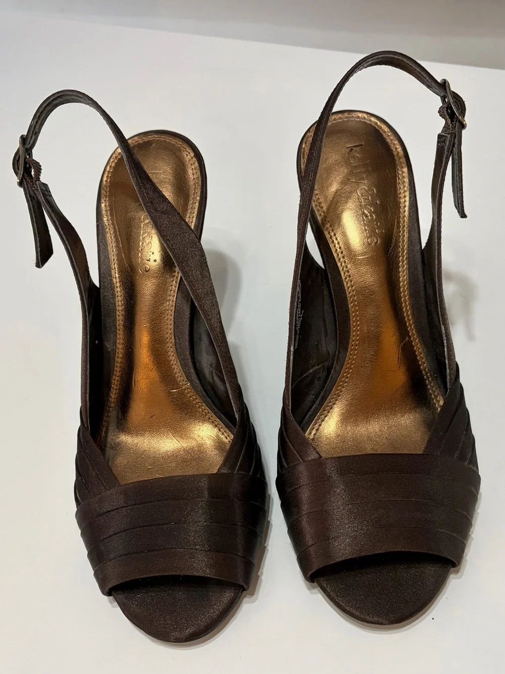 Kelly & Katie Dark Brown Satin Slingback Peep-Toe Heels